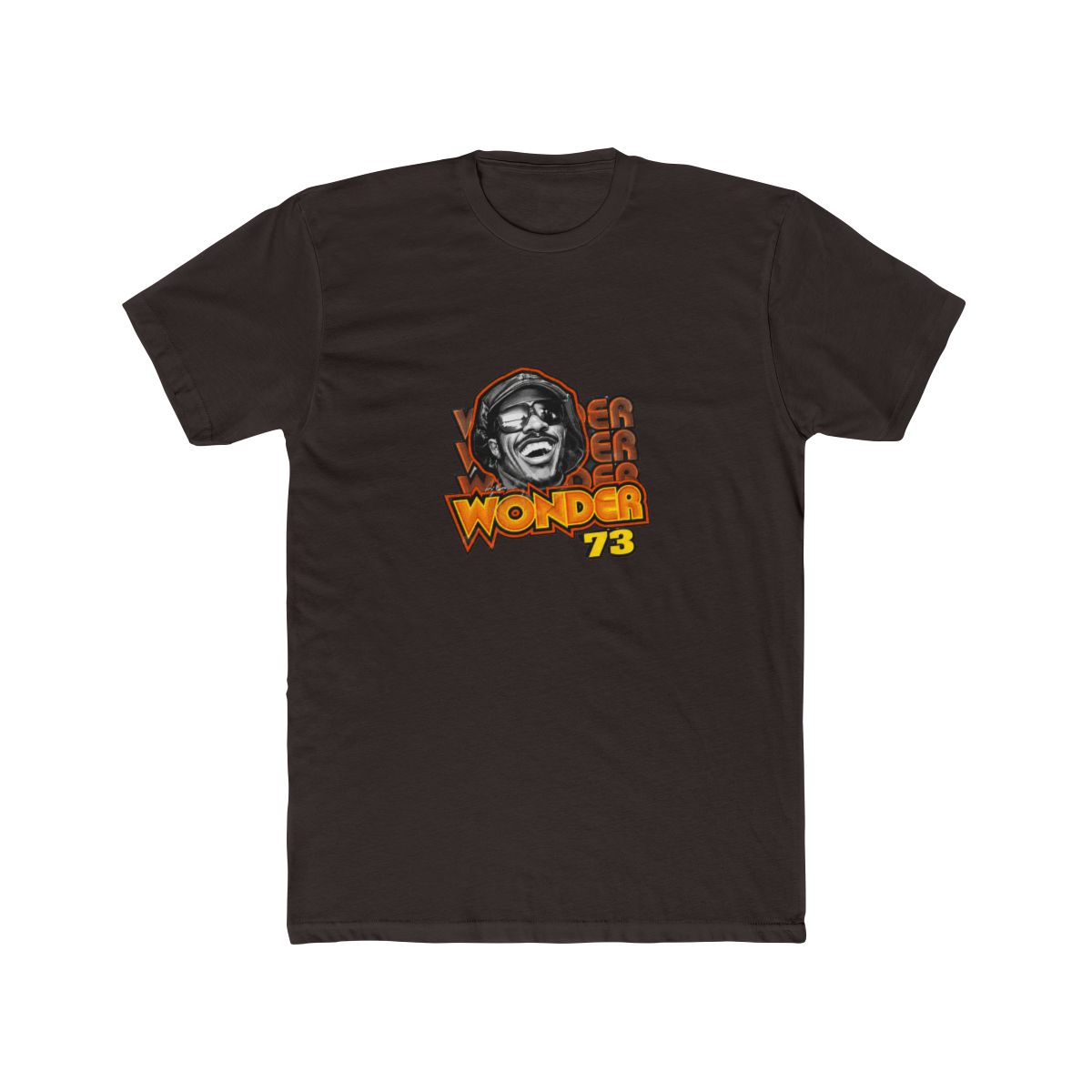 Black T Shirt featuring a graphic of Stevie Wonder wearing a black hat and sunglasses. The graphic is surrounded by the text "Stevie Wonder" in yellow and orange lettering with a star and the number... - alternate angle 3, merchandise